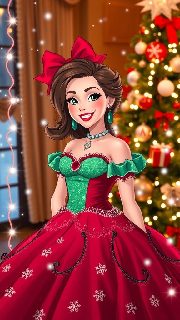 A Royale High character in a red and green gown with Christmas lights and a tree in the background.